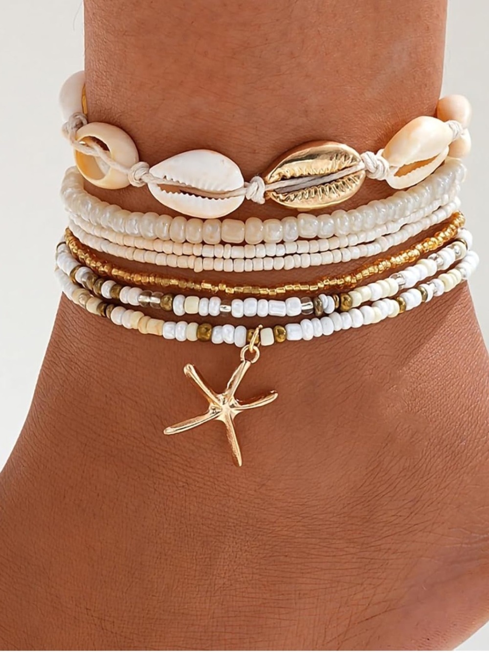 Anthropologie White & Gold Shell Anklet Stack